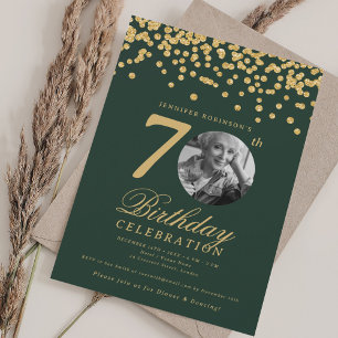 Elegant Photo 70th Birthday Gold Green Confetti  Invitation