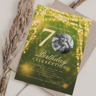 Elegant Photo 70th Birthday Gold Green Glam Lights Invitation