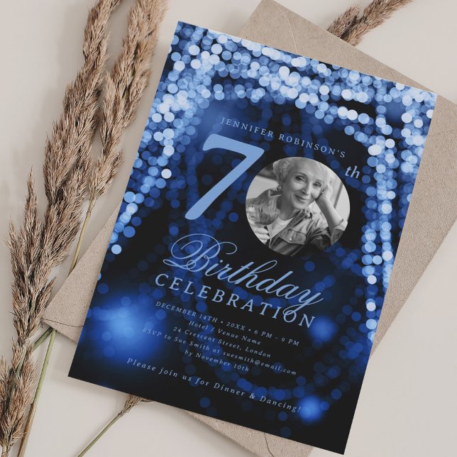 Elegant Photo 70th Birthday Navy Blue Glam Lights Invitation (Elegant Photo 70th Birthday Navy Blue Glam Lights Invitation)