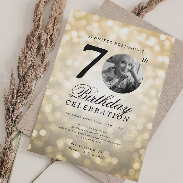Elegant Photo 70th Birthday Party Gold Bokeh Invitation (Creator Uploaded)