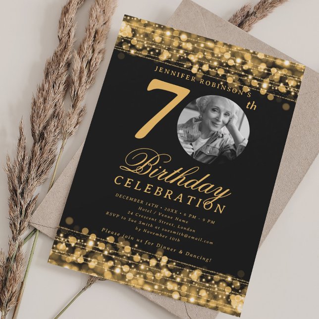 Elegant Photo 70th Birthday Party Gold Lights Invitation (Elegant Photo 70th Birthday Invite)