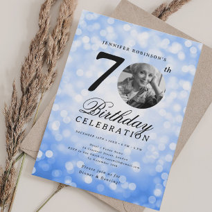 Elegant Photo 70th Birthday Party Navy Blue Bokeh Invitation