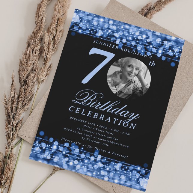 Elegant Photo 70th Birthday Party Navy Blue Lights Invitation (Elegant Photo 70th Birthday Party Navy Blue Lights Invitation)