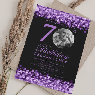 Elegant Photo 70th Birthday Party Purple Lights Invitation