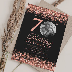 Elegant Photo 70th Birthday Party Rose Gold Lights Invitation