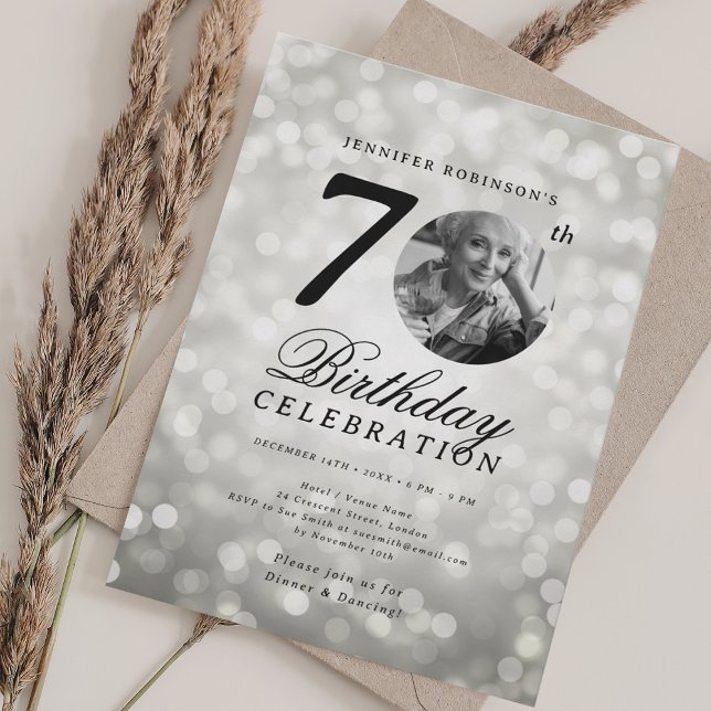 Elegant Photo 70th Birthday Party Silver Bokeh Invitation (Elegant Photo 70th Birthday Party Silver Bokeh Invitation)