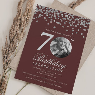 Elegant Photo 70th Birthday Party Silver Burgundy  Invitation