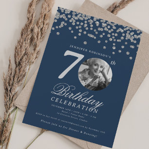 Elegant Photo 70th Birthday Party Silver Navy Invitation