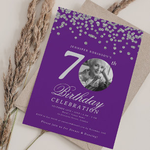 Elegant Photo 70th Birthday Party Silver Purple Invitation