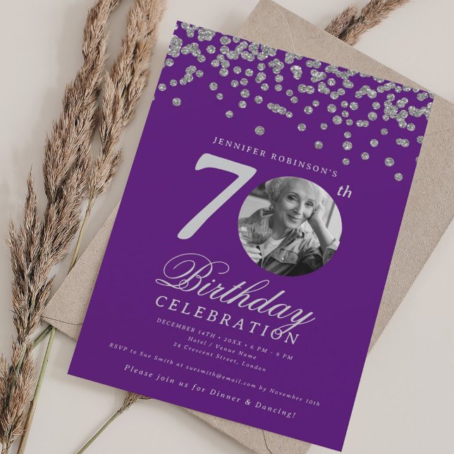 Elegant Photo 70th Birthday Party Silver Purple  Invitation (Elegant Photo 70th Birthday Party Silver Purple Invitation)