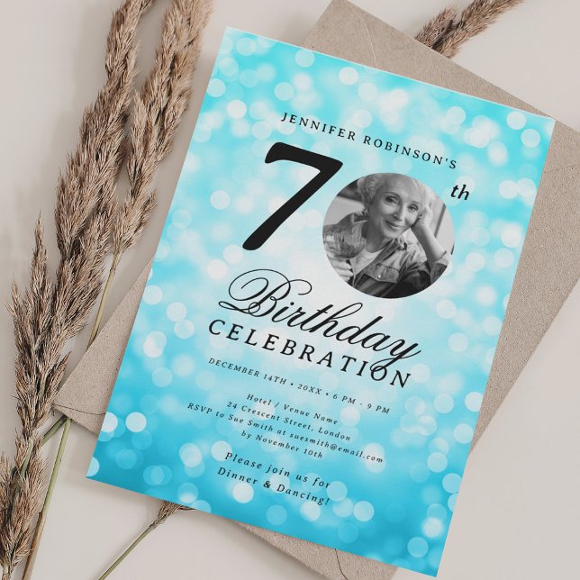 Elegant Photo 70th Birthday Party Turquoise Bokeh Invitation (Elegant Photo 70th Birthday Party Turquoise Bokeh Invitation)