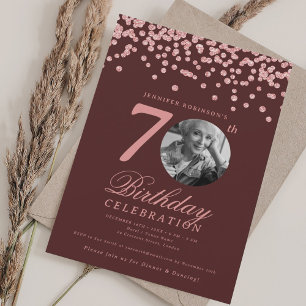 Elegant Photo 70th Birthday Rose Gold Burgundy Invitation
