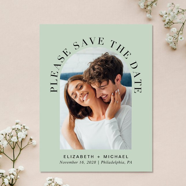 Elegant Photo Arch Sage Save The Date Announcement Postcard (Celebrate your love story with a save the date showcasing your photo in an elegant arch frame)