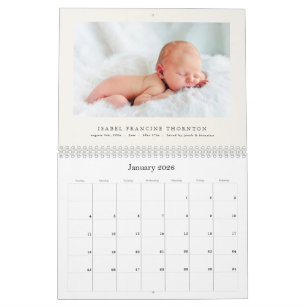 Elegant Photo Baby Birth Announcement 2026 Calendar