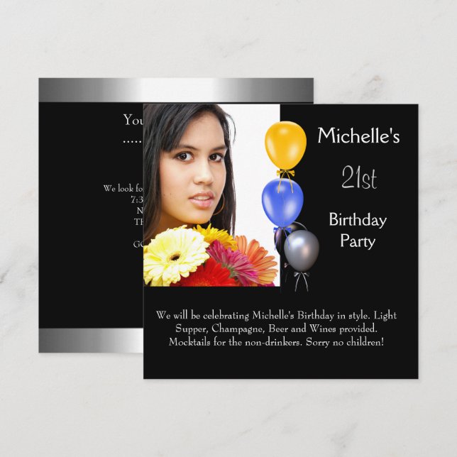 Elegant Photo Balloons 21st Birthday Invitation (Front/Back)