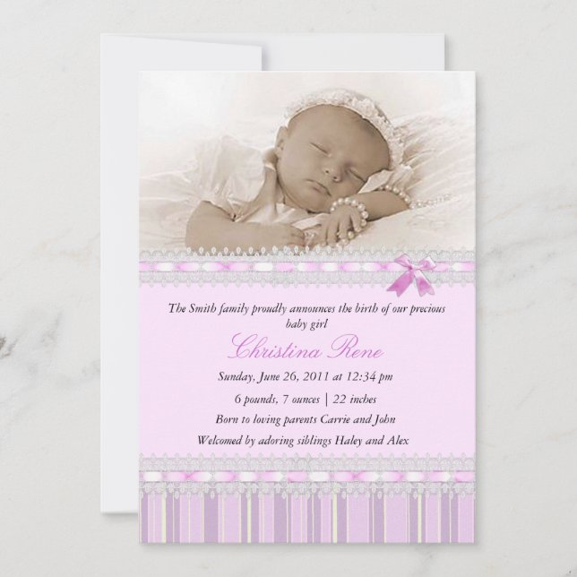 Elegant Photo Birth Announcement - Pink (Front)