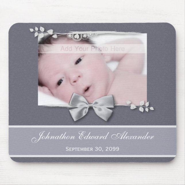 Elegant Photo Birth Announcement Silver Ribbon Mouse Mat (Front)