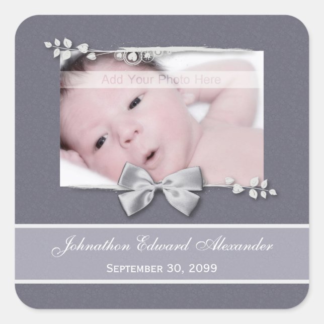Elegant Photo Birth Announcement Silver Ribbon Square Sticker (Front)