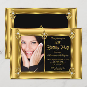 Elegant Photo Birthday Party Black Gold Diamond 2 Invitation