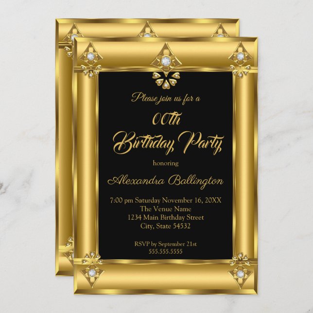 Elegant Photo Birthday Party Black Gold Diamond Invitation (Front/Back)