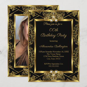 Elegant Photo Birthday Party Black Gold Jewel Invitation
