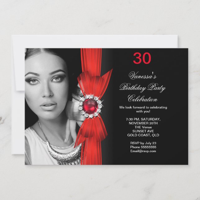 Elegant Photo Birthday Party Deep Red Black Invitation (Front)