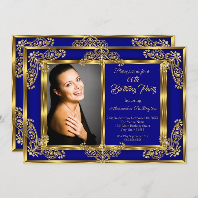 Elegant Photo Birthday Party Royal Blue Gold Gems Invitation (Front/Back)