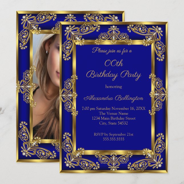 Elegant Photo Birthday Party Royal Blue Gold Jewel Invitation (Front/Back)