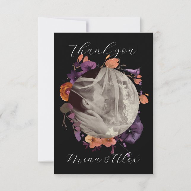 Elegant Photo Black and Autumn Floral Wedding  Thank You Card (Front)