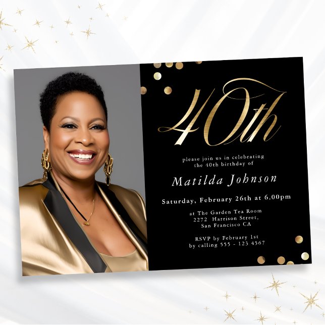 Elegant Photo Black and Gold 40th Birthday Invitation (Mockup View)
