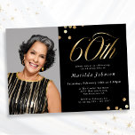 Elegant Photo Black and Gold 60th Birthday Invitation<br><div class="desc">Elegant Photo Black and Gold 60th Birthday Invitation. This design embraces a black and gold minimalist theme that exudes modern elegance. The invitation features a sleek black background, providing a sophisticated canvas for the opulent gold accents. Modern, stylish typography takes centre stage, with serif fonts, creating a striking and elegant...</div>