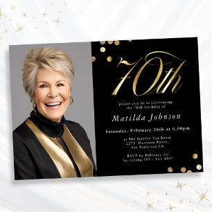 Elegant Photo Black and Gold 70th Birthday Invitation