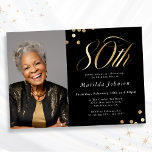 Elegant Photo Black and Gold 80th Birthday Invitation<br><div class="desc">Elegant Photo Black and Gold 80th Birthday Invitation. This design embraces a black and gold minimalist theme that exudes modern elegance. The invitation features a sleek black background, providing a sophisticated canvas for the opulent gold accents. Modern, stylish typography takes centre stage, with serif fonts, creating a striking and elegant...</div>
