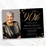 Elegant Photo Black and Gold 90th Birthday Invitation<br><div class="desc">Elegant Photo Black and Gold 90th Birthday Invitation. This design embraces a black and gold minimalist theme that exudes modern elegance. The invitation features a sleek black background, providing a sophisticated canvas for the opulent gold accents. Modern, stylish typography takes centre stage, with serif fonts, creating a striking and elegant...</div>
