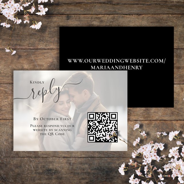 Elegant Photo Black and White Wedding RSVP Enclosure Card (Black and white photo reply card with elegant calligraphy script. )