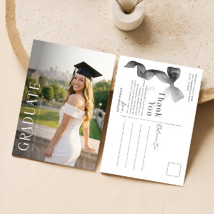 Elegant Photo Black Bow Graduation Thank You Postcard