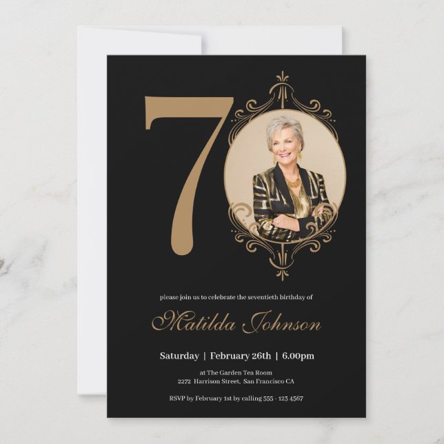 Elegant Photo Black Gold 70th Birthday Invitation (Front)