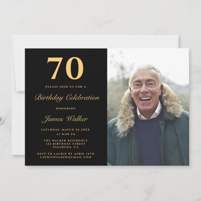 Elegant Photo Black Gold 70th Birthday Party Invitation (Front)