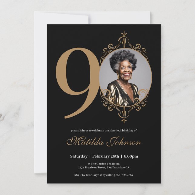 Elegant Photo Black Gold 90th Birthday Invitation (Front)