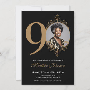 Elegant Photo Black Gold 90th Birthday Invitation