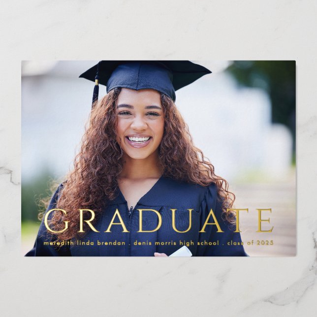 Elegant Photo Black Gold Foil  Grad Announcement (Front)
