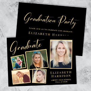 Elegant Photo Black Gold Graduation Party Invitation