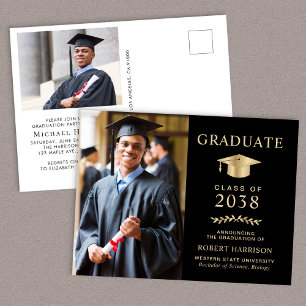 Elegant Photo Black Gold Graduation Party Invitation Postcard