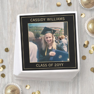 Elegant Photo Black & Gold Modern Graduation Party Napkin