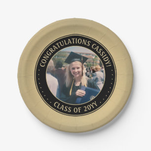Elegant Photo Black & Gold Modern Graduation party Paper Plate