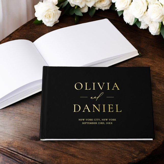 Elegant Photo Black Gold Modern Minimalist Guest Book (Creator Uploaded)