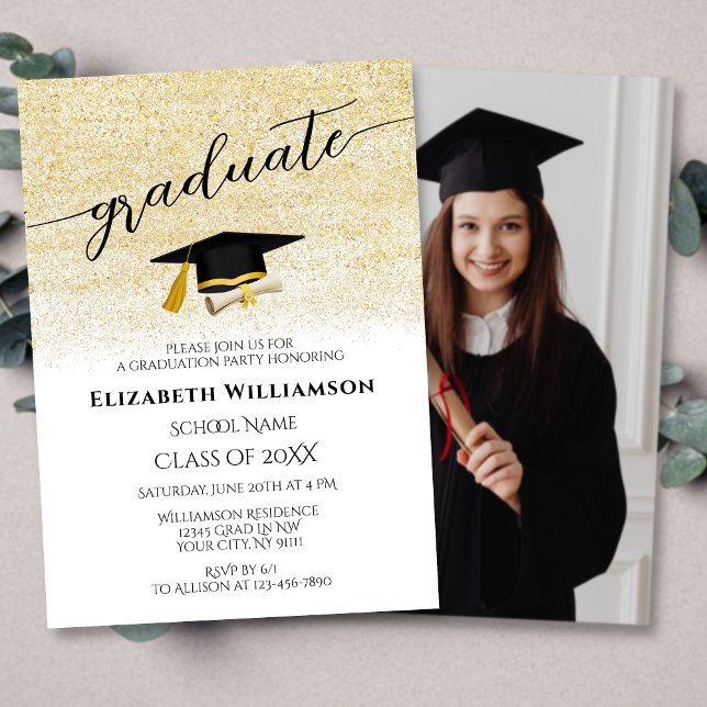 Elegant Photo Black Gold Script Graduation Party Invitation (Creator Uploaded)