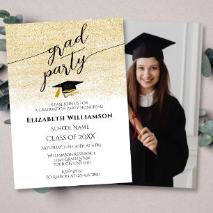 Elegant Photo Black Gold Script Graduation Party Invitation