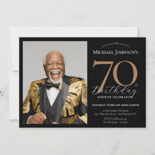 Elegant Photo Black Gold Surprise 70th Birthday Invitation