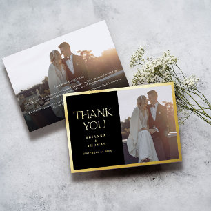 Elegant Photo Black Gold Wedding Thank You Card